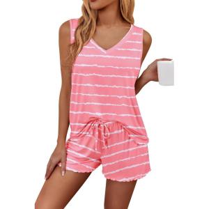 Ekouaer Womens Pajamas Sets Soft Comfy Sleeveless Sleepwear Tank and Shorts Pj Set Summer 2 Piece Loungewear(Pink Wavy)