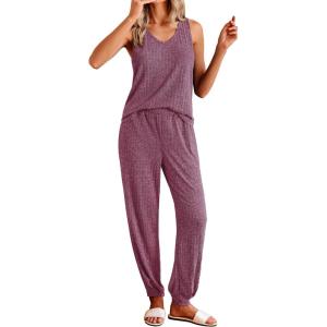 Ekouaer Women’s Pajamas Sleeveless Summer Lounge Set Ribbed Knit Pj Loungewear Soft Tank Sleepwear Nightwear S-XXL(Maroon)