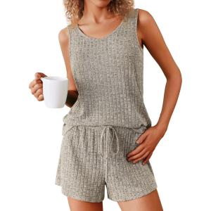 Ekouaer Women’s Pajamas Sleeveless V Neck Pjs Set Ribbed Knit Summer Loungewear Sleepwear S-XXL(Kahki)