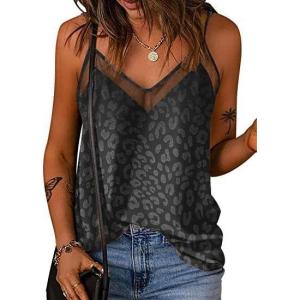 Ekouaer Womens Silk Satin Cami Tank Top 2026 Mesh V-Neck Adjustable Strap Sleeveless Summer Camisole Blouse(Black Leopard)