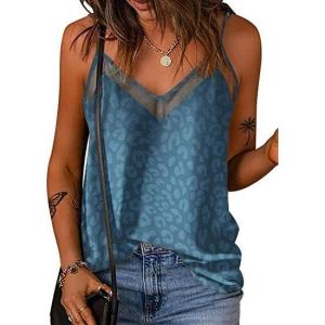 Ekouaer Womens Silk Satin Cami Tank Top 2026 Mesh V-Neck Adjustable Strap Sleeveless Summer Camisole Blouse(Blue Leopard)