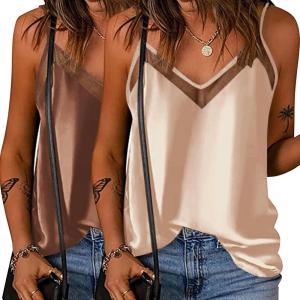 Ekouaer Womens Silk Satin Cami Tank Top 2026 Mesh V-Neck Adjustable Strap Sleeveless Summer Camisole Blouse(Caramel/Champagne)