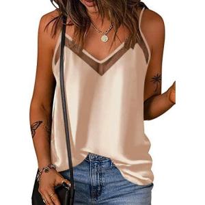 Ekouaer Womens Silk Satin Cami Tank Top 2026 Mesh V-Neck Adjustable Strap Sleeveless Summer Camisole Blouse(Champagne)