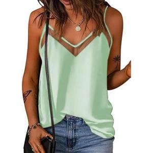 Ekouaer Womens Silk Satin Cami Tank Top 2026 Mesh V-Neck Adjustable Strap Sleeveless Summer Camisole Blouse(Ice Green)