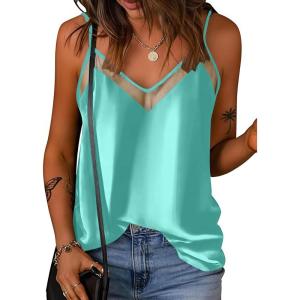 Ekouaer Womens Silk Satin Cami Tank Top 2026 Mesh V-Neck Adjustable Strap Sleeveless Summer Camisole Blouse(Light Green)