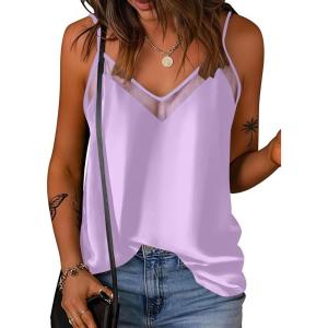 Ekouaer Womens Silk Satin Cami Tank Top 2026 Mesh V-Neck Adjustable Strap Sleeveless Summer Camisole Blouse(Lilac)