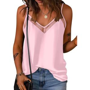 Ekouaer Womens Silk Satin Cami Tank Top 2026 Mesh V-Neck Adjustable Strap Sleeveless Summer Camisole Blouse(Pink)