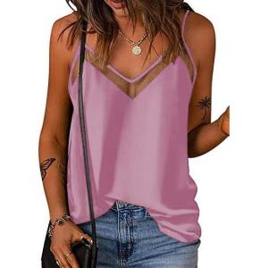 Ekouaer Womens Silk Satin Cami Tank Top 2026 Mesh V-Neck Adjustable Strap Sleeveless Summer Camisole Blouse(Pink Purple)
