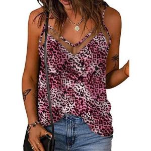 Ekouaer Womens Silk Satin Cami Tank Top 2026 Mesh V-Neck Adjustable Strap Sleeveless Summer Camisole Blouse(Pink/Black Leopard)