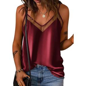 Ekouaer Womens Silk Satin Cami Tank Top 2026 Mesh V-Neck Adjustable Strap Sleeveless Summer Camisole Blouse(Wine Red)