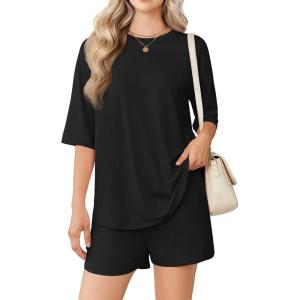 Ekouaer Women’s Two Piece Lounge Set Oversized Boxy T-shirt Casual Short Sets Summer Travel Matching Set 2026 Fashion(Black)