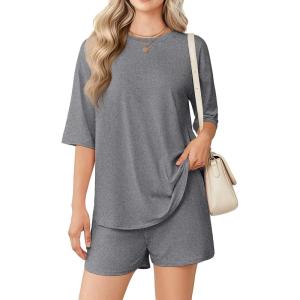 Ekouaer Women’s Two Piece Lounge Set Oversized Boxy T-shirt Casual Short Sets Summer Travel Matching Set 2026 Fashion(Dark Gray)