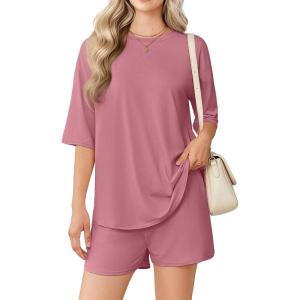 Ekouaer Women’s Two Piece Lounge Set Oversized Boxy T-shirt Casual Short Sets Summer Travel Matching Set 2026 Fashion(Dark Pink)