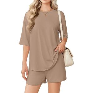 Ekouaer Women’s Two Piece Lounge Set Oversized Boxy T-shirt Casual Short Sets Summer Travel Matching Set 2026 Fashion(Khaki)