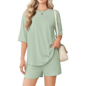 Ekouaer Women’s Two Piece Lounge Set Oversized Boxy T-shirt Casual Short Sets Summer Travel Matching Set 2026 Fashion(Light Green)