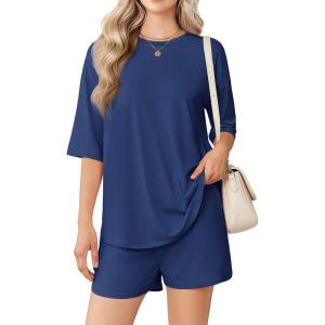 Ekouaer Women’s Two Piece Lounge Set Oversized Boxy T-shirt Casual Short Sets Summer Travel Matching Set 2026 Fashion(Navy Blue)