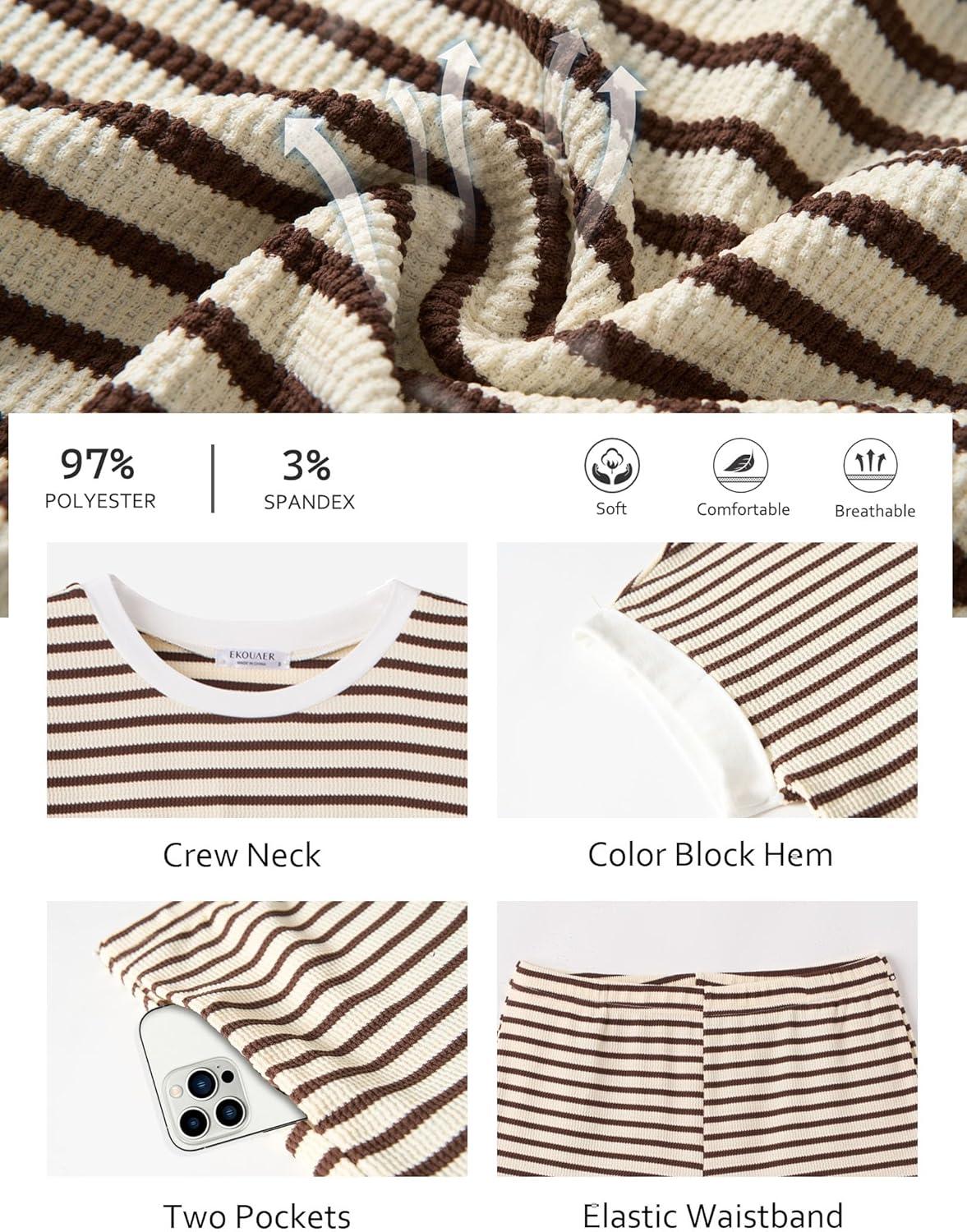 imageEKOUAER 2 Piece Sets for Women Summer Outfits Cute Stripe Knit T Shirts Shorts Matching Lounge SetRose Redstriped