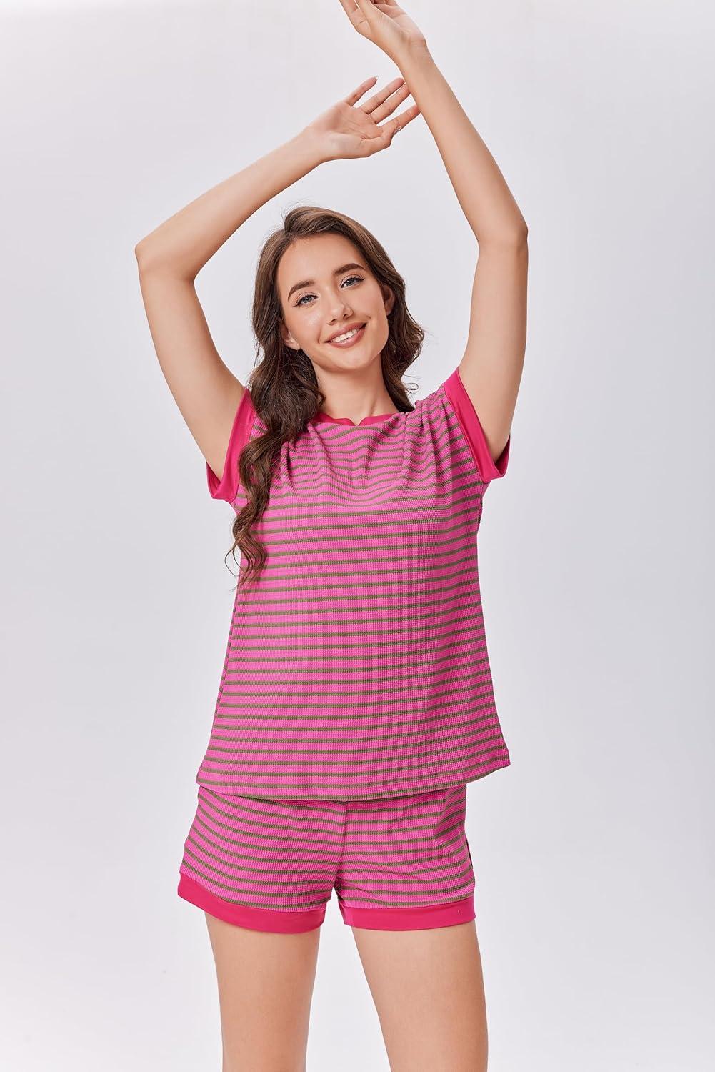 imageEKOUAER 2 Piece Sets for Women Summer Outfits Cute Stripe Knit T Shirts Shorts Matching Lounge SetRose Redstriped