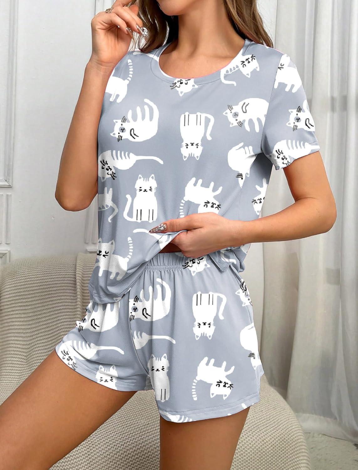 imageEkouaer 2 Pack Pajamas Short Sleeve Top with Shorts Sets Comfy Pjs Lounge Sets Sleepwear for WomenStarCat
