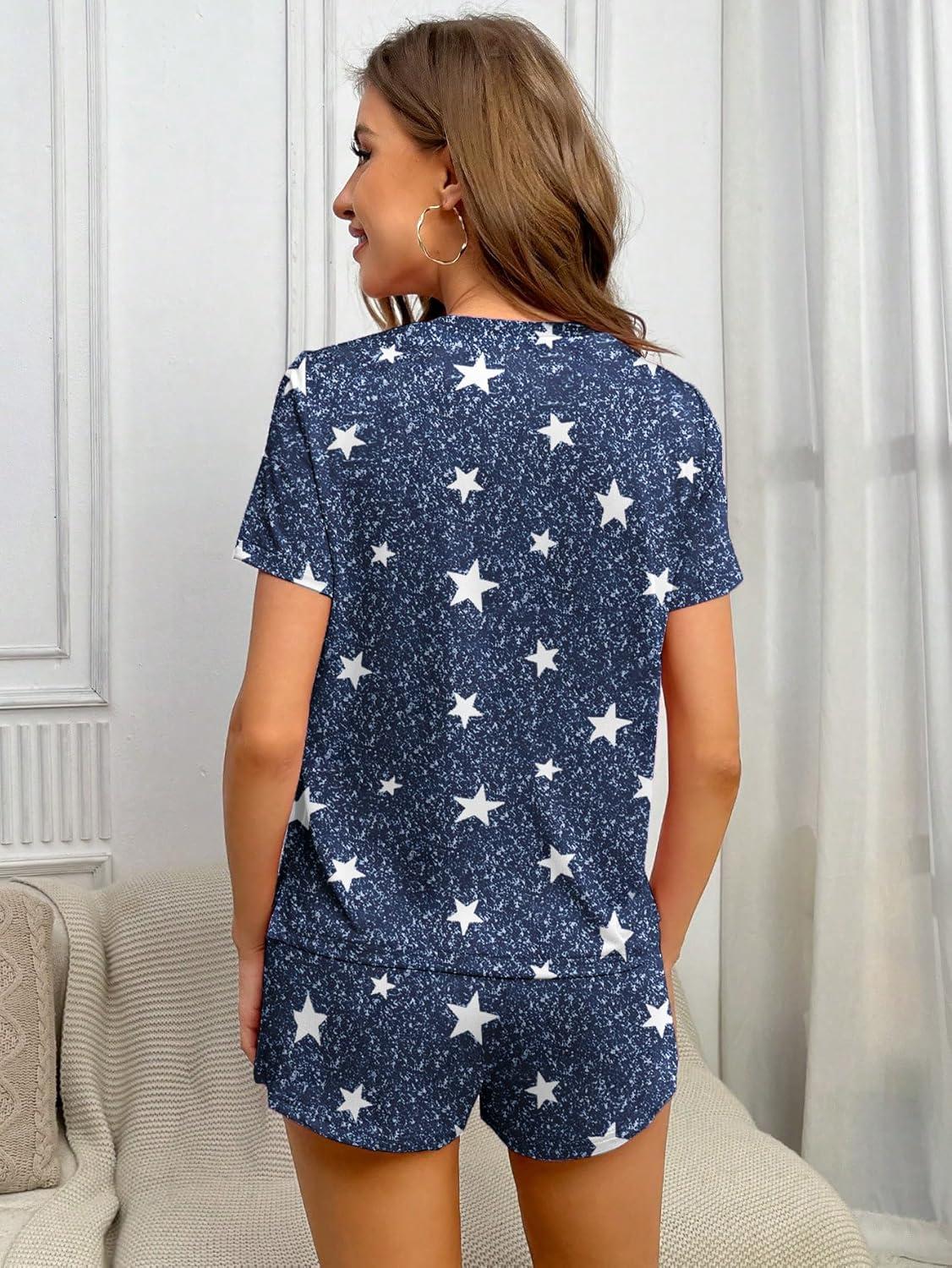 imageEkouaer 2 Pack Pajamas Short Sleeve Top with Shorts Sets Comfy Pjs Lounge Sets Sleepwear for WomenStarCat