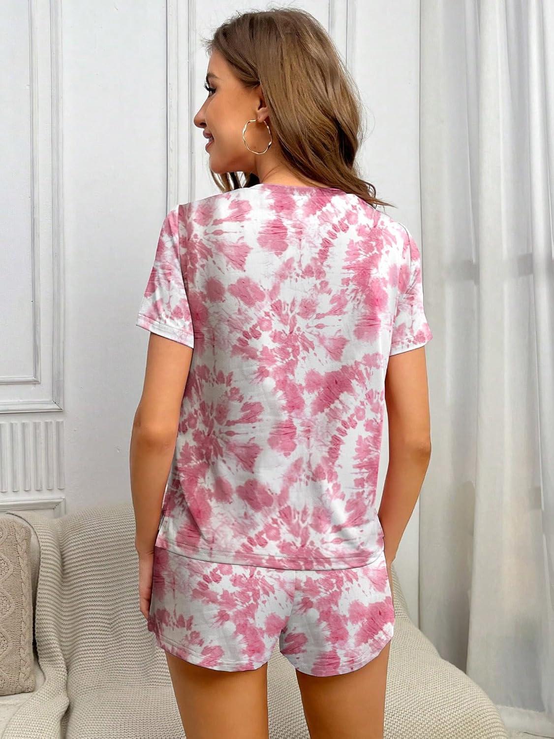 imageEkouaer 2 Pack Pajamas Short Sleeve Top with Shorts Sets Comfy Pjs Lounge Sets Sleepwear for WomenTie DyeWhite Floral