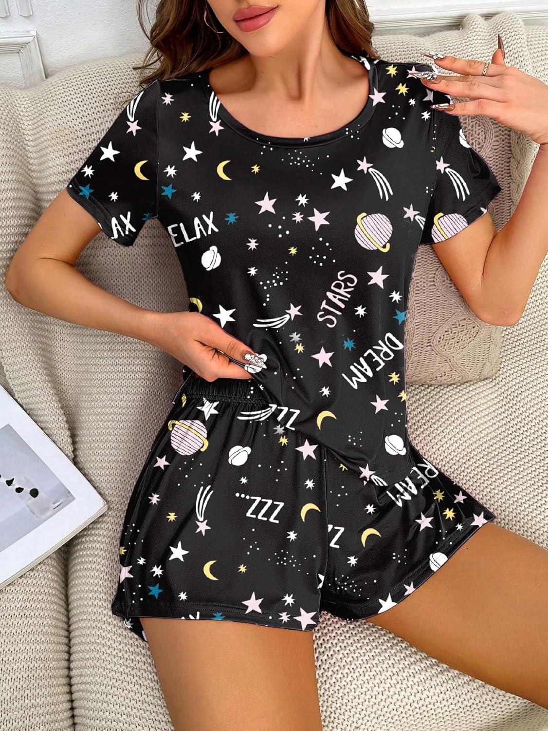 imageEkouaer 2 Pack Pajamas Short Sleeve Top with Shorts Sets Comfy Pjs Lounge Sets Sleepwear for WomenWine RedStar