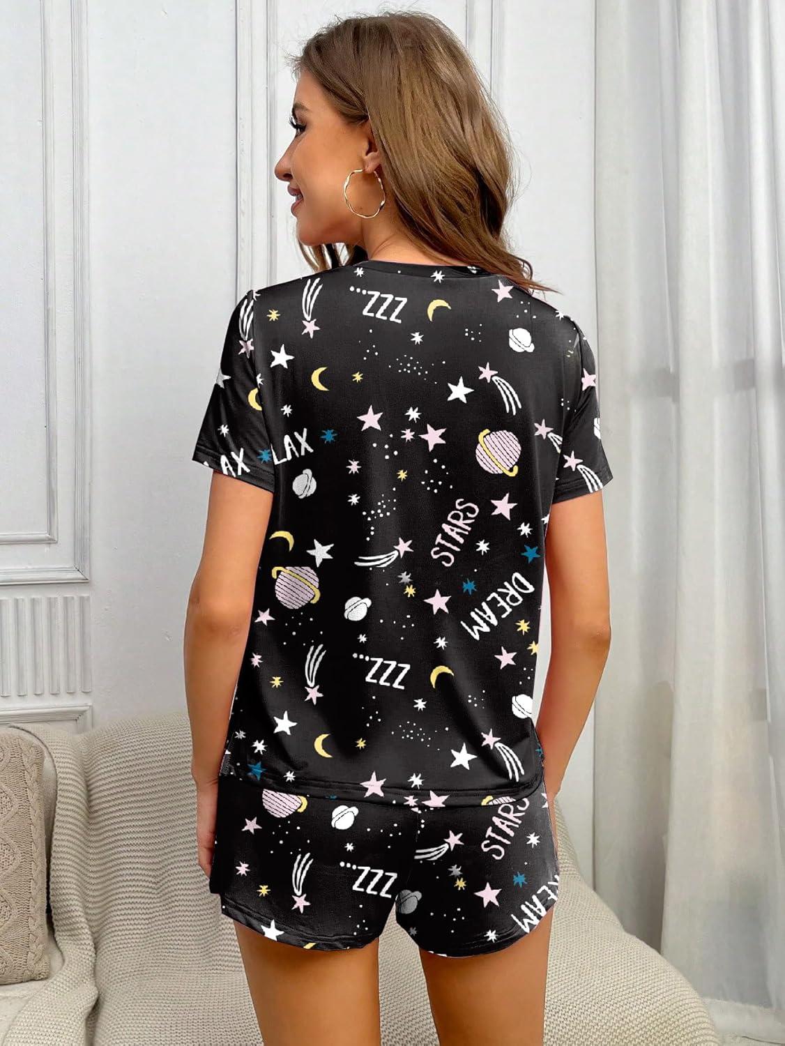imageEkouaer 2 Pack Pajamas Short Sleeve Top with Shorts Sets Comfy Pjs Lounge Sets Sleepwear for WomenWine RedStar