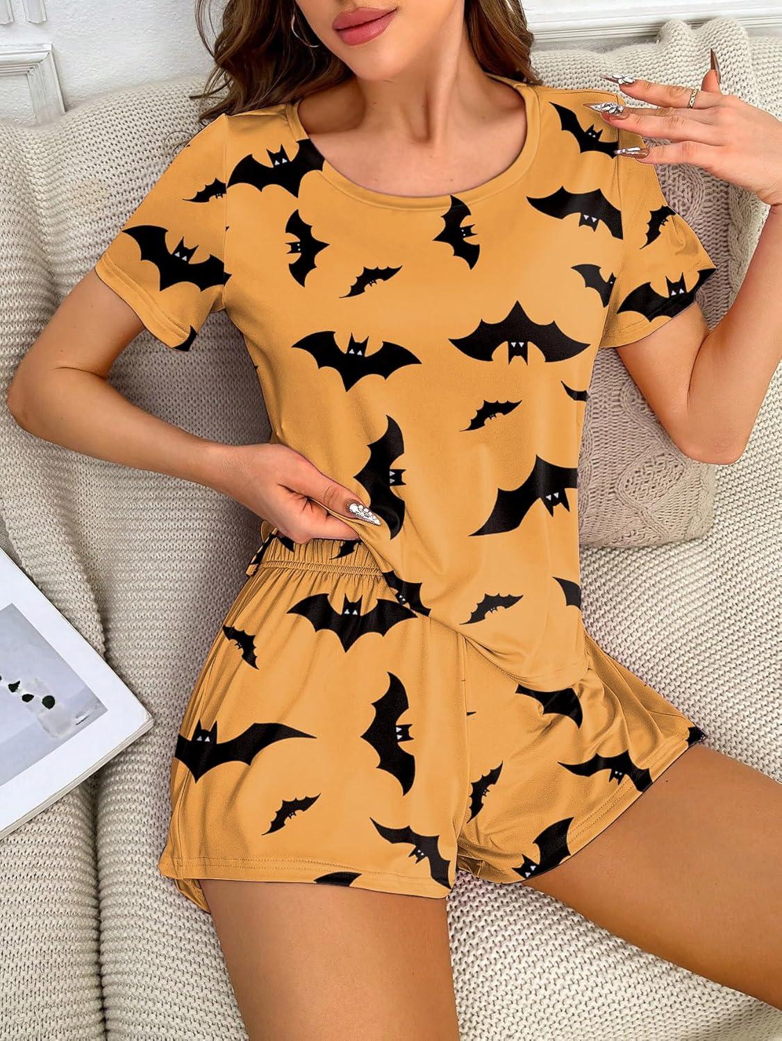 imageEkouaer 2 Pack Pajamas Short Sleeve Top with Shorts Sets Comfy Pjs Lounge Sets Sleepwear for WomenYellow BatSkull