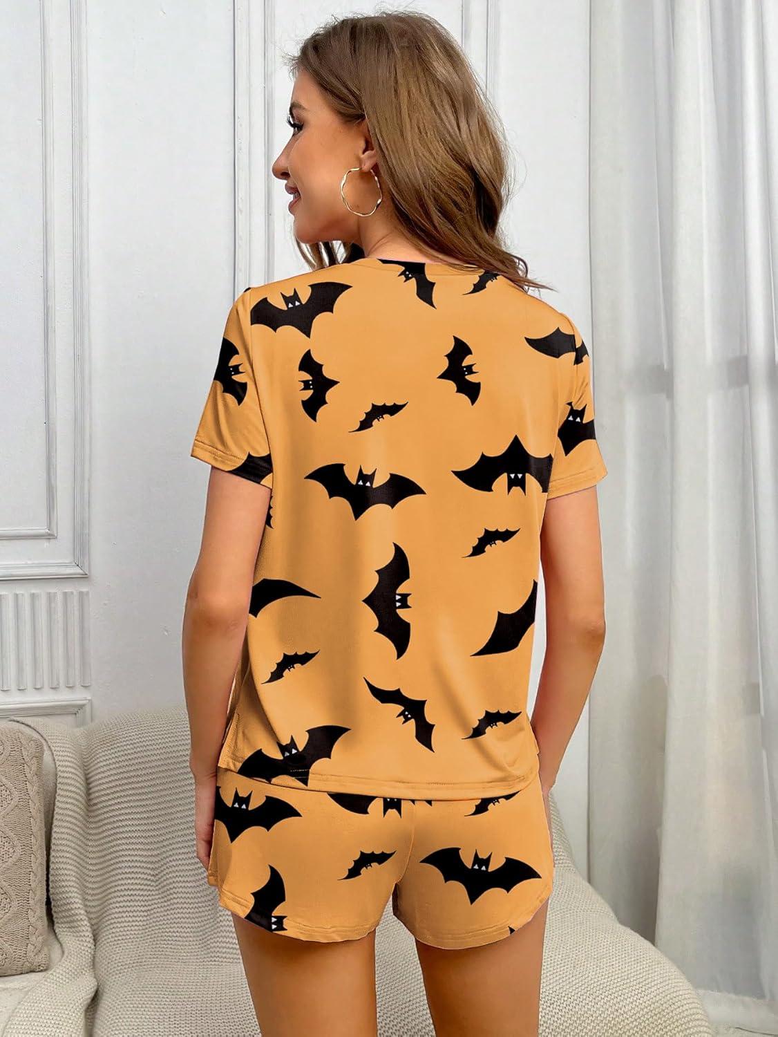 imageEkouaer 2 Pack Pajamas Short Sleeve Top with Shorts Sets Comfy Pjs Lounge Sets Sleepwear for WomenYellow BatSkull