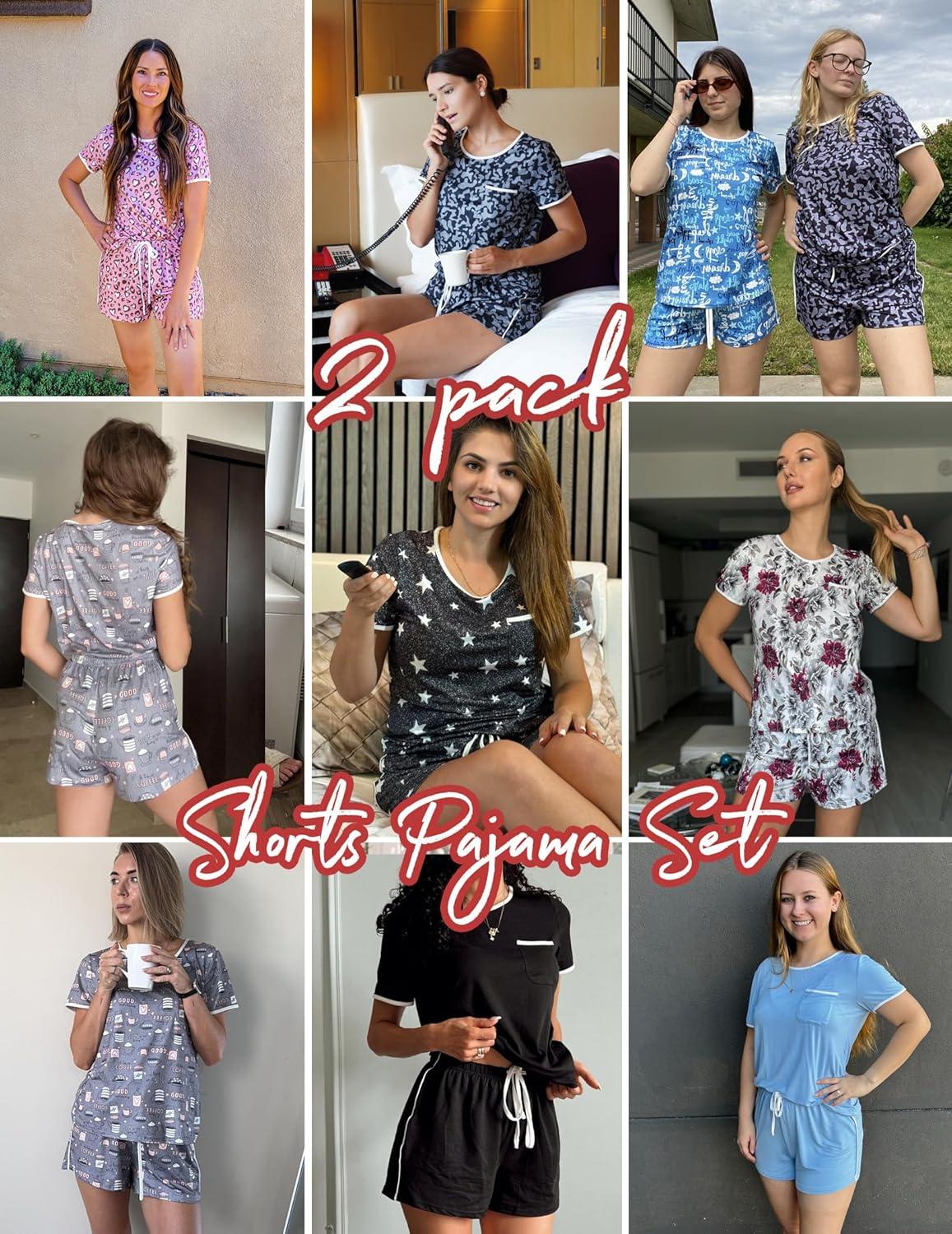 imageEkouaer 2 Pack Womens Pajama Sets Lightweight Summer Pajamas Short Sleeve Pj Top with Shorts Chest PocketLight Gary StarsGrey Stars