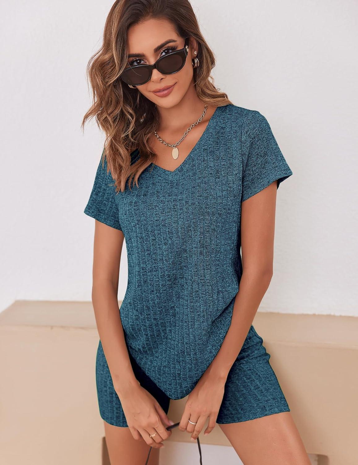 imageEkouaer Biker Short Sets Women 2 Piece Outfits Ribbed Pajama Short Sleeve Workout SetBlue Green