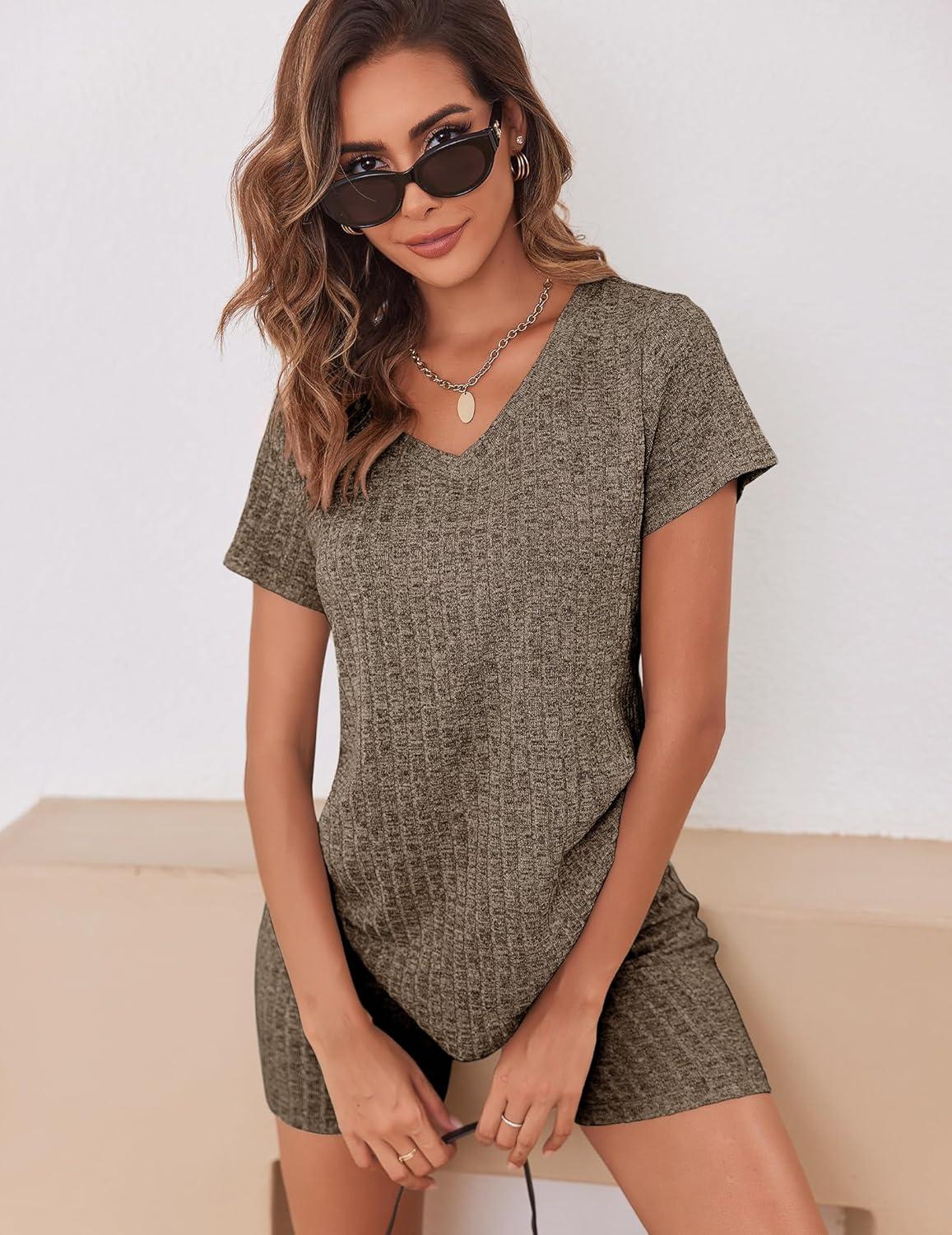 imageEkouaer Biker Short Sets Women 2 Piece Outfits Ribbed Pajama Short Sleeve Workout SetBrown