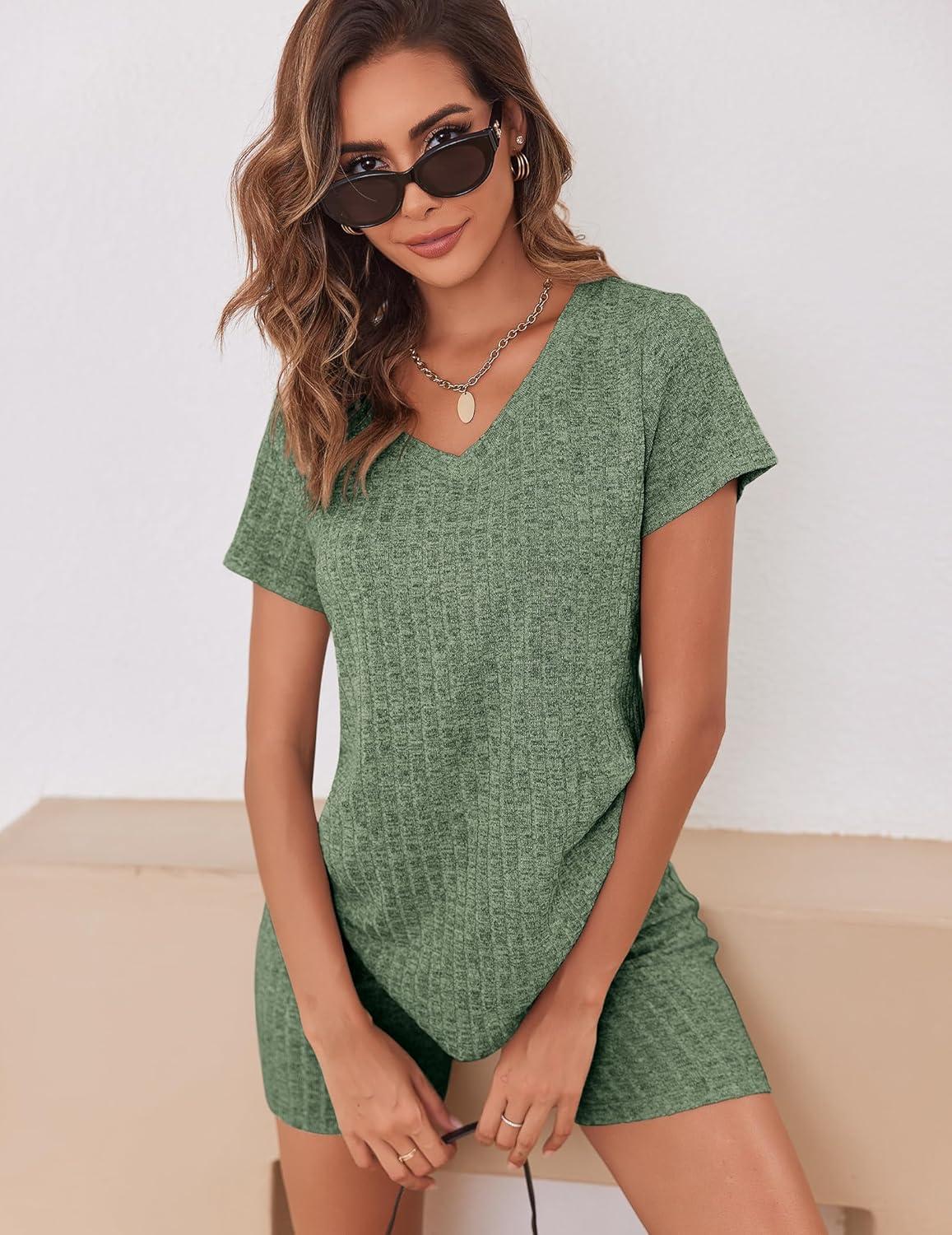 imageEkouaer Biker Short Sets Women 2 Piece Outfits Ribbed Pajama Short Sleeve Workout SetDark Green