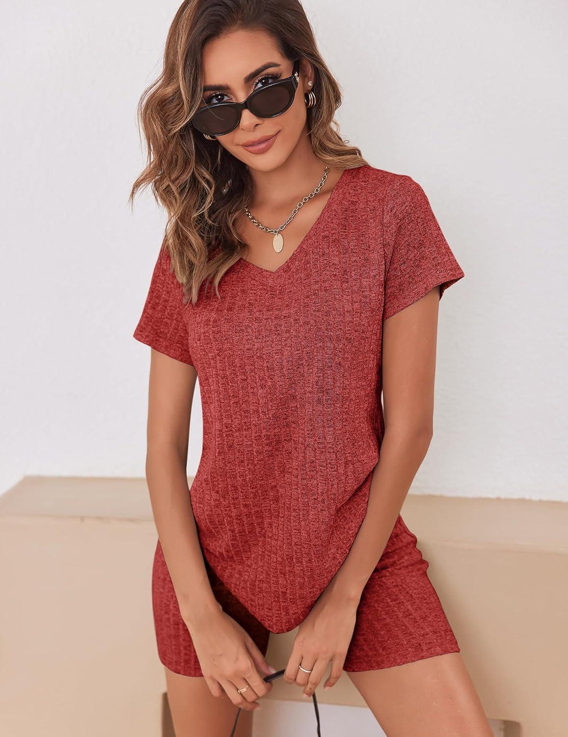 imageEkouaer Biker Short Sets Women 2 Piece Outfits Ribbed Pajama Short Sleeve Workout SetDark Red