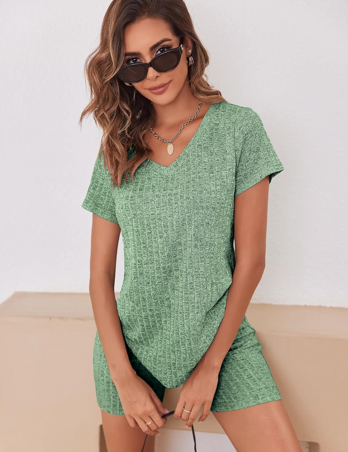 imageEkouaer Biker Short Sets Women 2 Piece Outfits Ribbed Pajama Short Sleeve Workout SetGreen