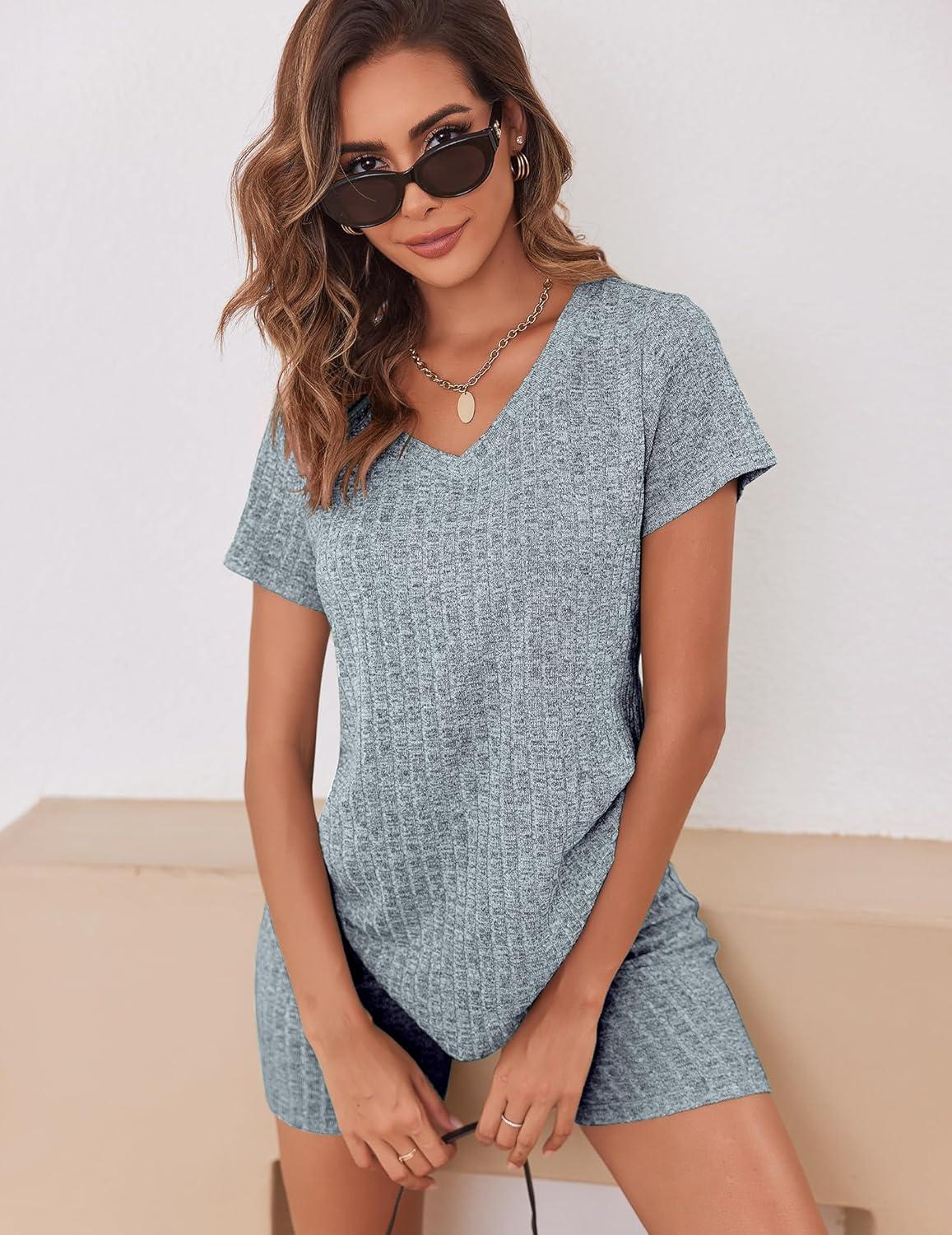 imageEkouaer Biker Short Sets Women 2 Piece Outfits Ribbed Pajama Short Sleeve Workout SetLight Blue