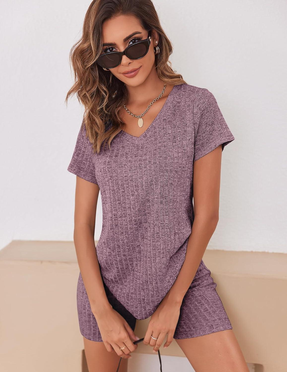 imageEkouaer Biker Short Sets Women 2 Piece Outfits Ribbed Pajama Short Sleeve Workout SetPurple