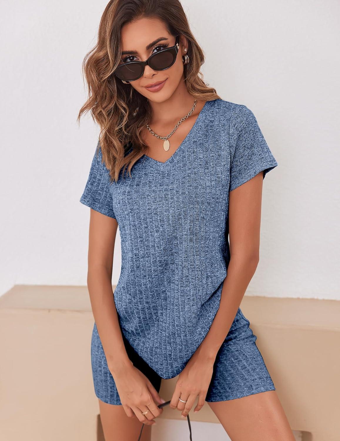 imageEkouaer Biker Short Sets Women 2 Piece Outfits Ribbed Pajama Short Sleeve Workout SetRoyal Blue