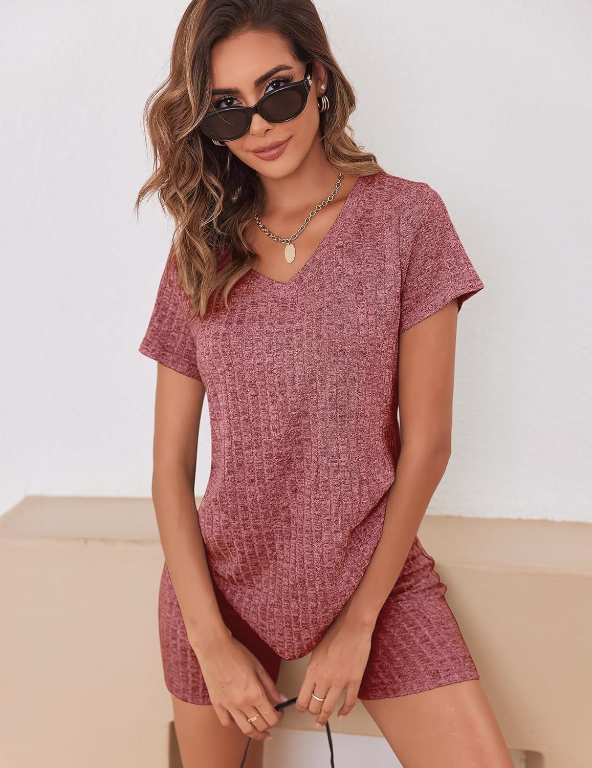 imageEkouaer Biker Short Sets Women 2 Piece Outfits Ribbed Pajama Short Sleeve Workout SetWine Red