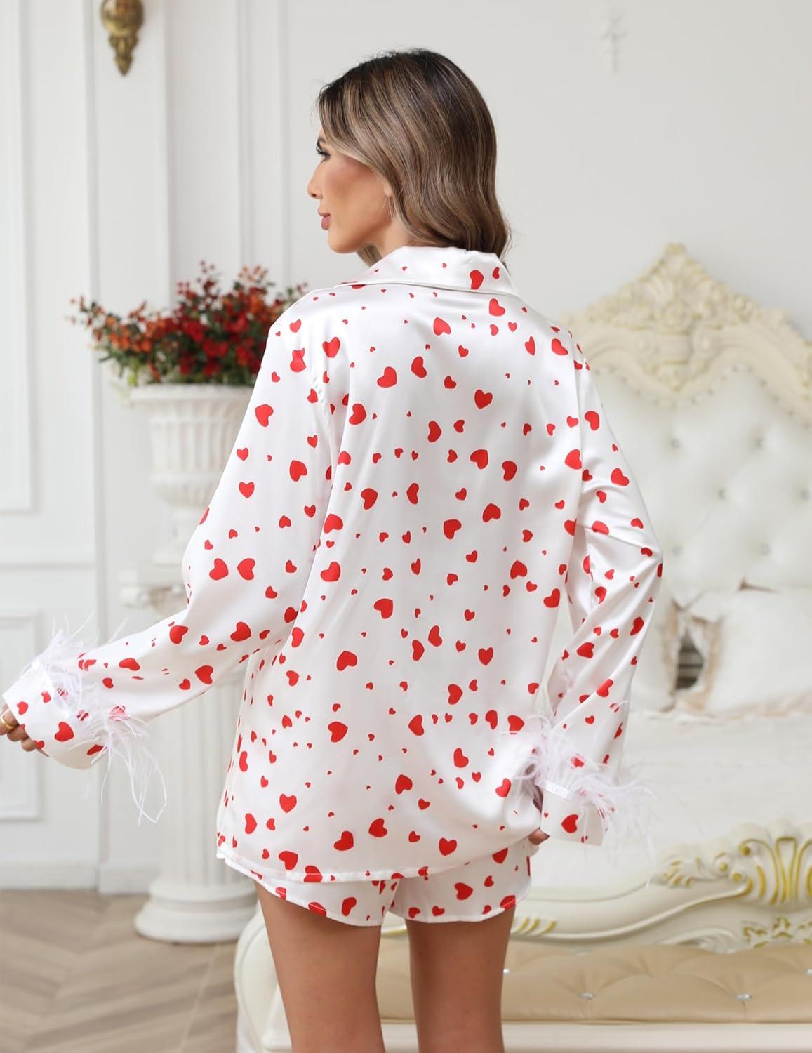 imageEkouaer Bridal Feather Pajamas Set Silk Satin Valentines Pj Sets Wedding Pjs Sleepwear with Removable Feather TrimHeart Print