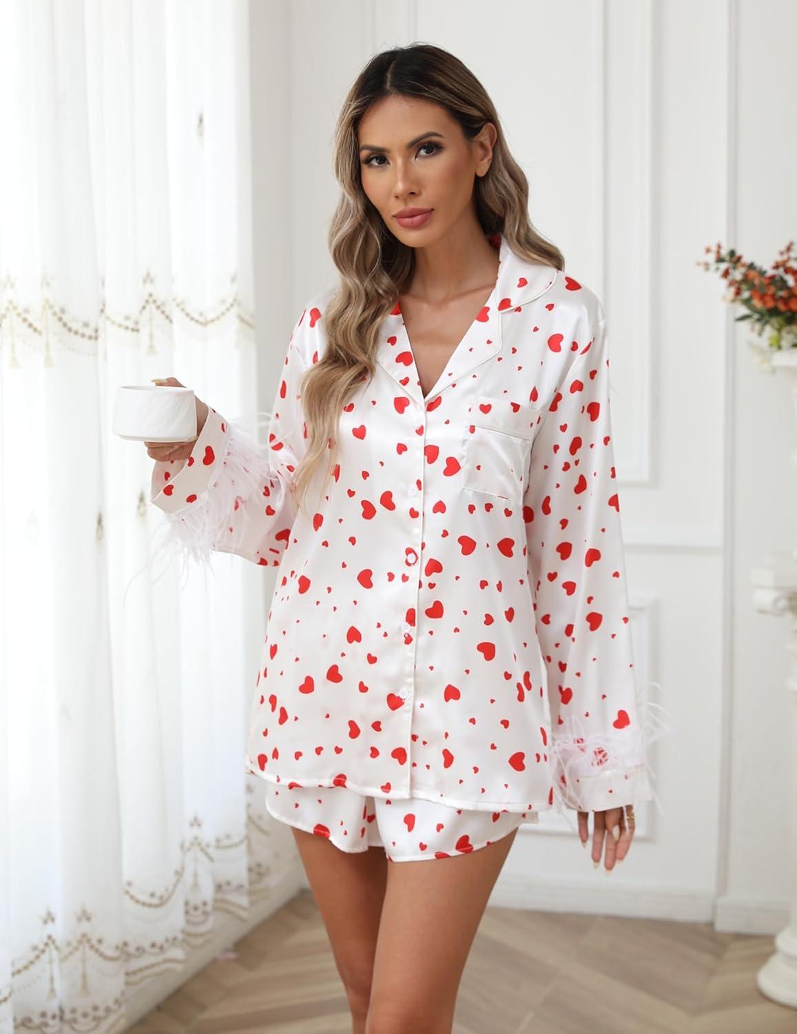 imageEkouaer Bridal Feather Pajamas Set Silk Satin Valentines Pj Sets Wedding Pjs Sleepwear with Removable Feather TrimHeart Print