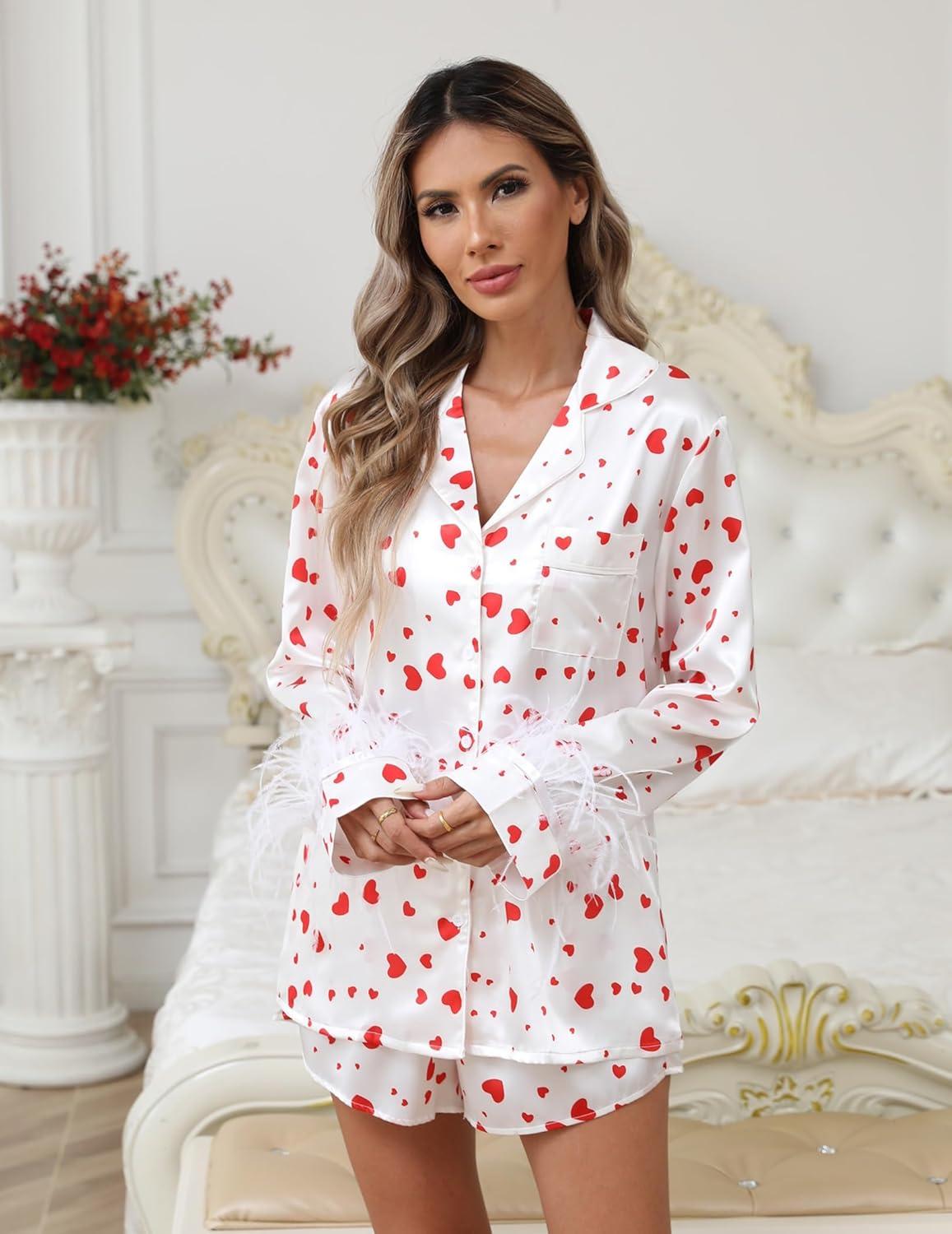 imageEkouaer Bridal Feather Pajamas Set Silk Satin Valentines Pj Sets Wedding Pjs Sleepwear with Removable Feather TrimHeart Print