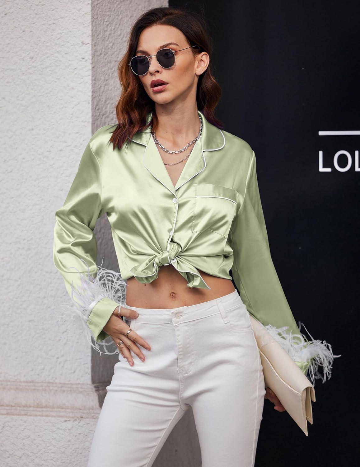 imageEkouaer Bridal Feather Pajamas Set Silk Satin Valentines Pj Sets Wedding Pjs Sleepwear with Removable Feather TrimLight Green