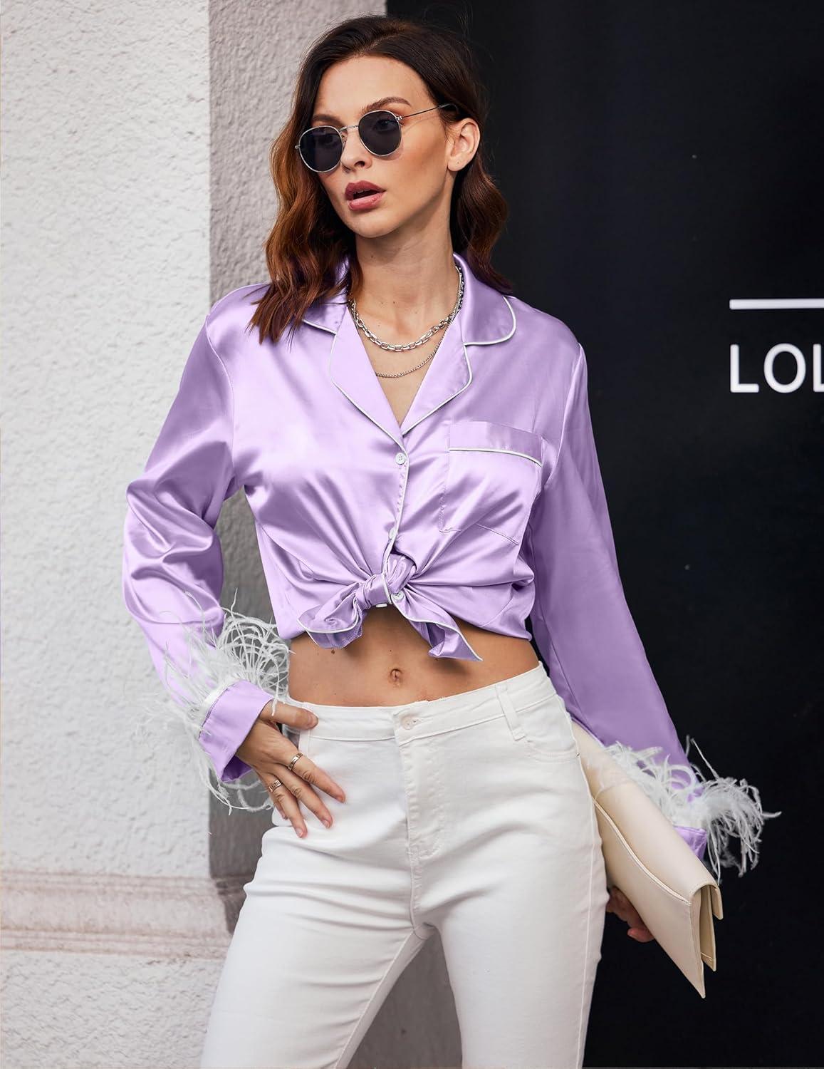 imageEkouaer Bridal Feather Pajamas Set Silk Satin Valentines Pj Sets Wedding Pjs Sleepwear with Removable Feather TrimLilac Purple