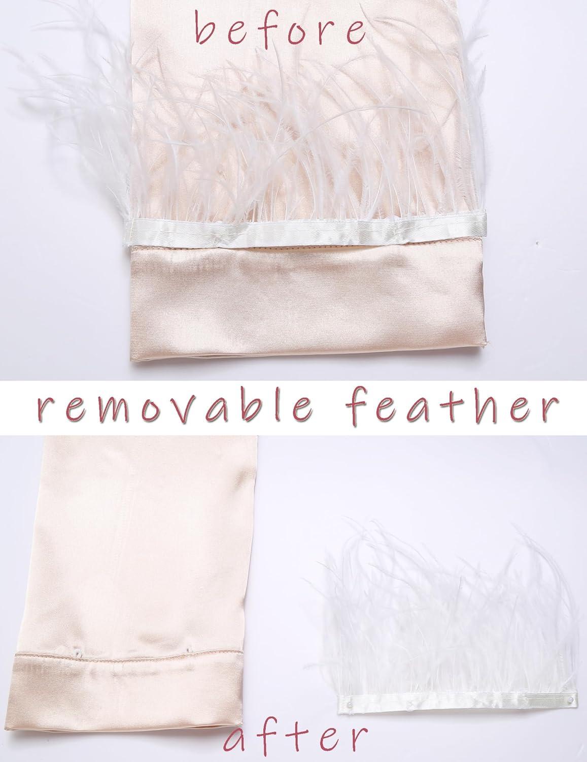 imageEkouaer Bridal Feather Pajamas Set Silk Satin Valentines Pj Sets Wedding Pjs Sleepwear with Removable Feather TrimPink