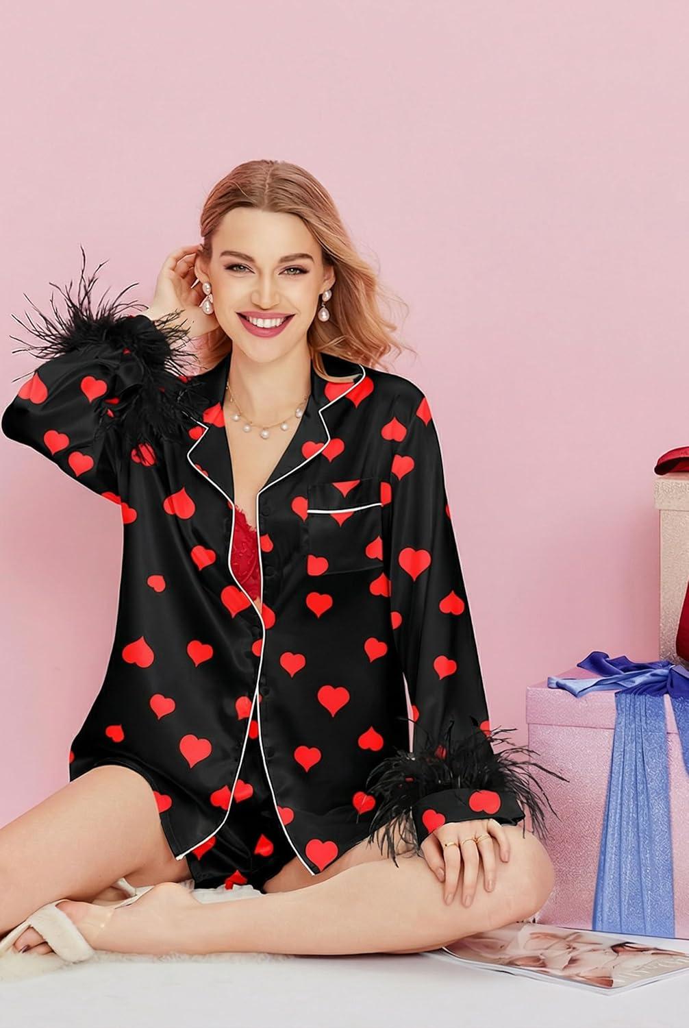 imageEkouaer Bridal Feather Pajamas Set Silk Satin Valentines Pj Sets Wedding Pjs Sleepwear with Removable Feather TrimRed Heart