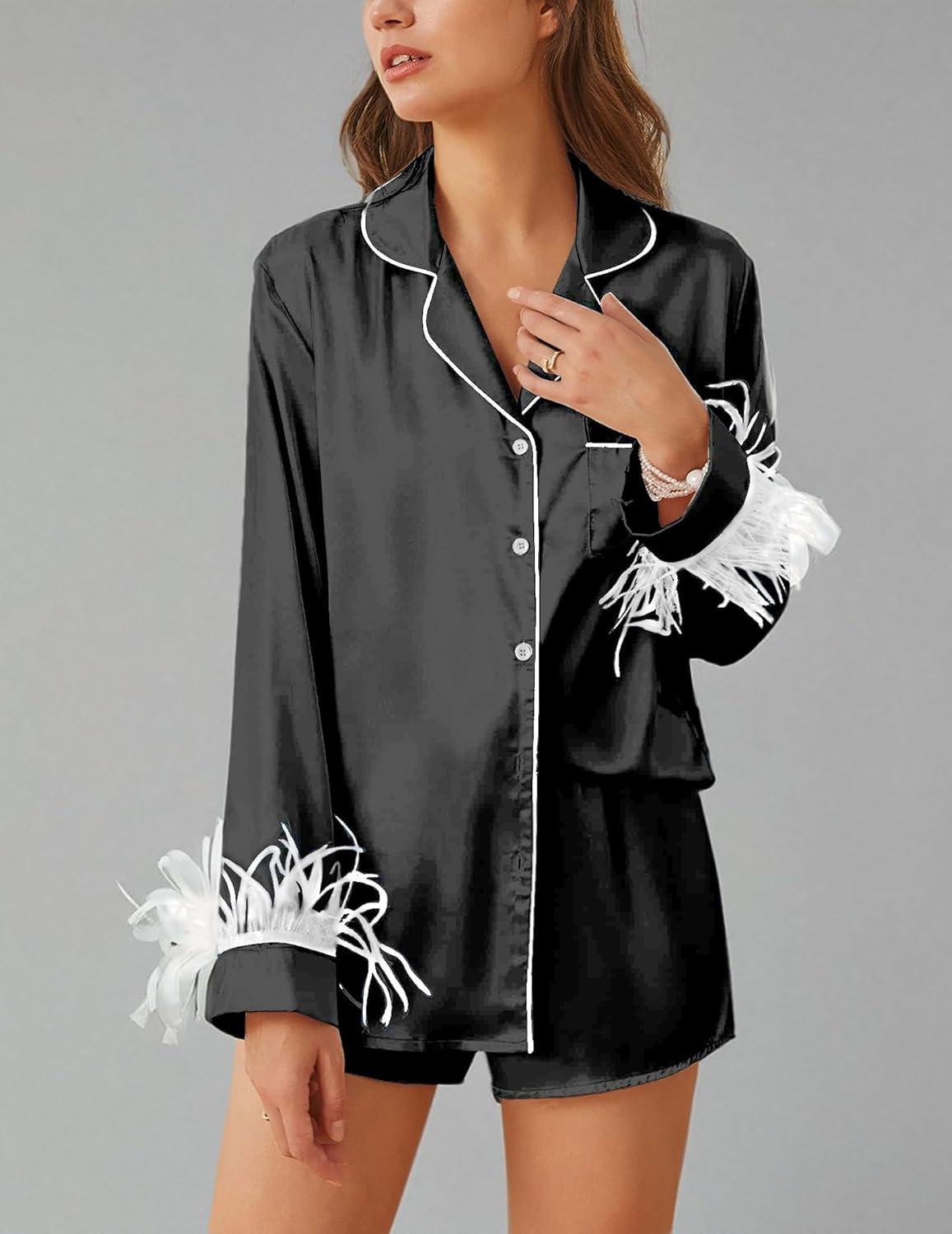imageEkouaer Bridal Feather Pajamas Set Silk Satin Valentines Pj Sets Wedding Pjs Sleepwear with Removable Feather TrimWhite Feather