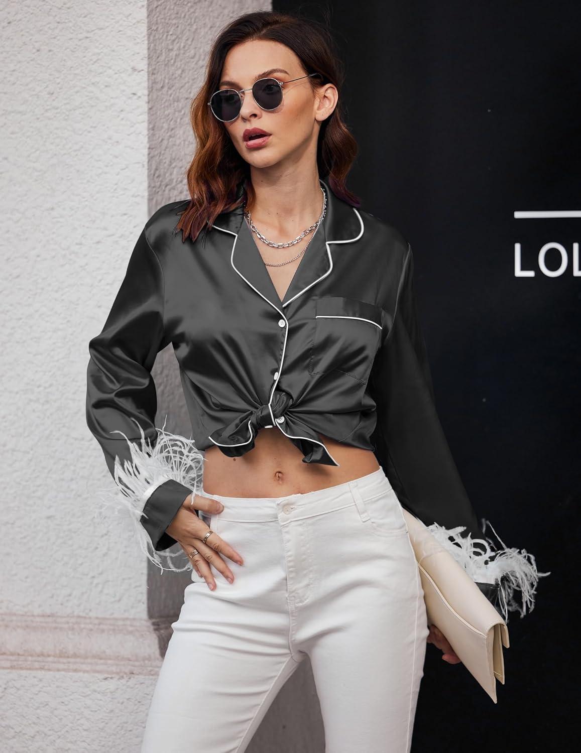 imageEkouaer Bridal Feather Pajamas Set Silk Satin Valentines Pj Sets Wedding Pjs Sleepwear with Removable Feather TrimWhite Feather