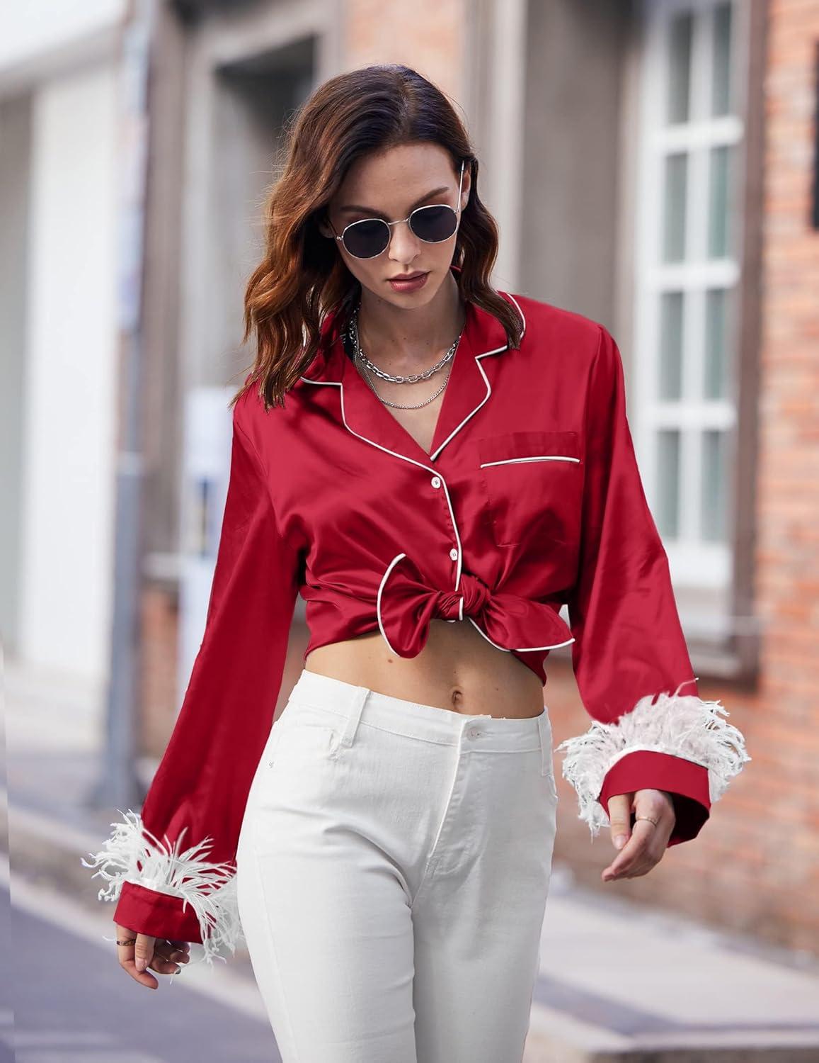 imageEkouaer Bridal Feather Pajamas Set Silk Satin Valentines Pj Sets Wedding Pjs Sleepwear with Removable Feather TrimWine Red