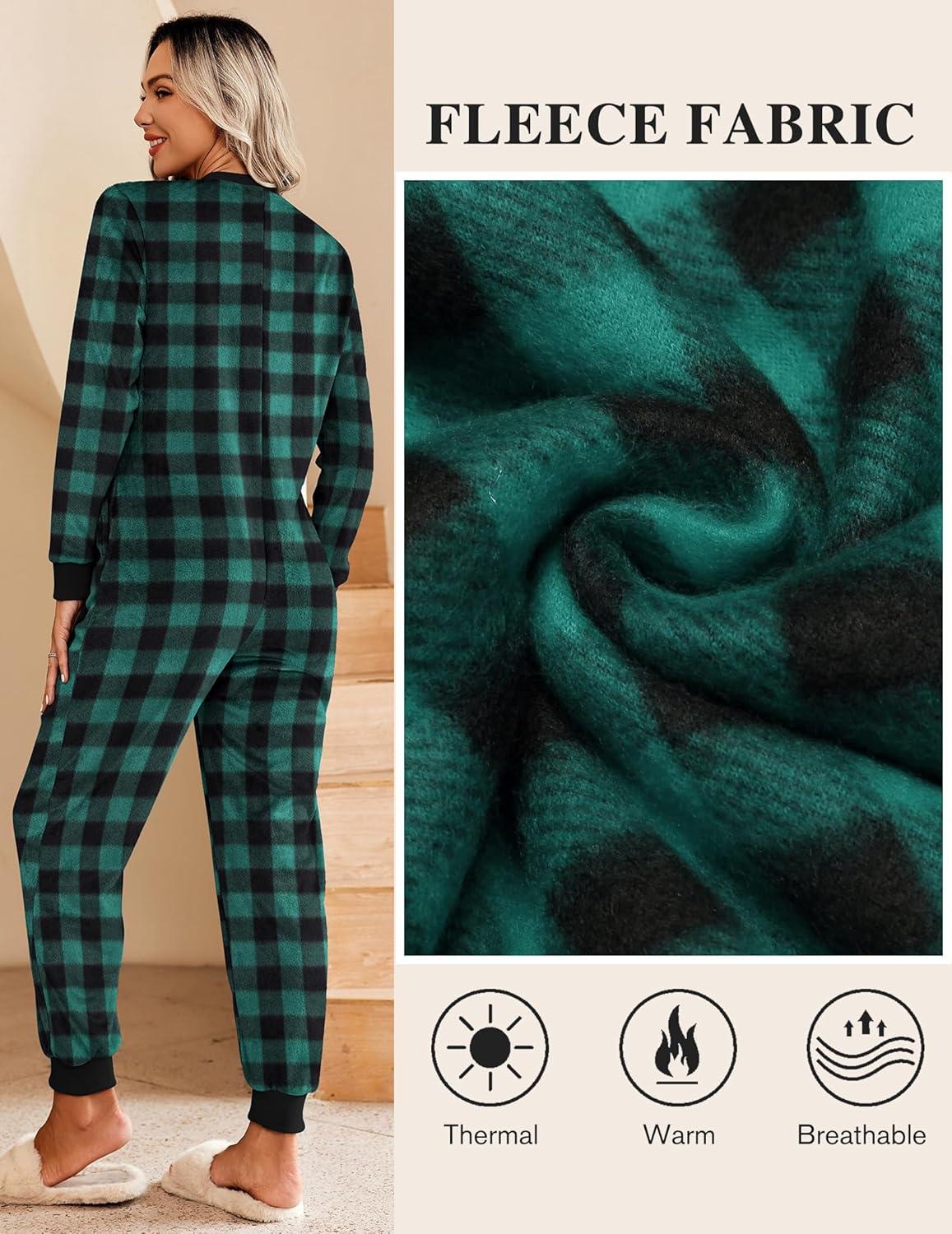 imageEkouaer Christmas Onesie Matching Family Fleece Hooded One Piece Zipper Long Sleeve Pajamas with Pockets SXXL Green Plaid XXL